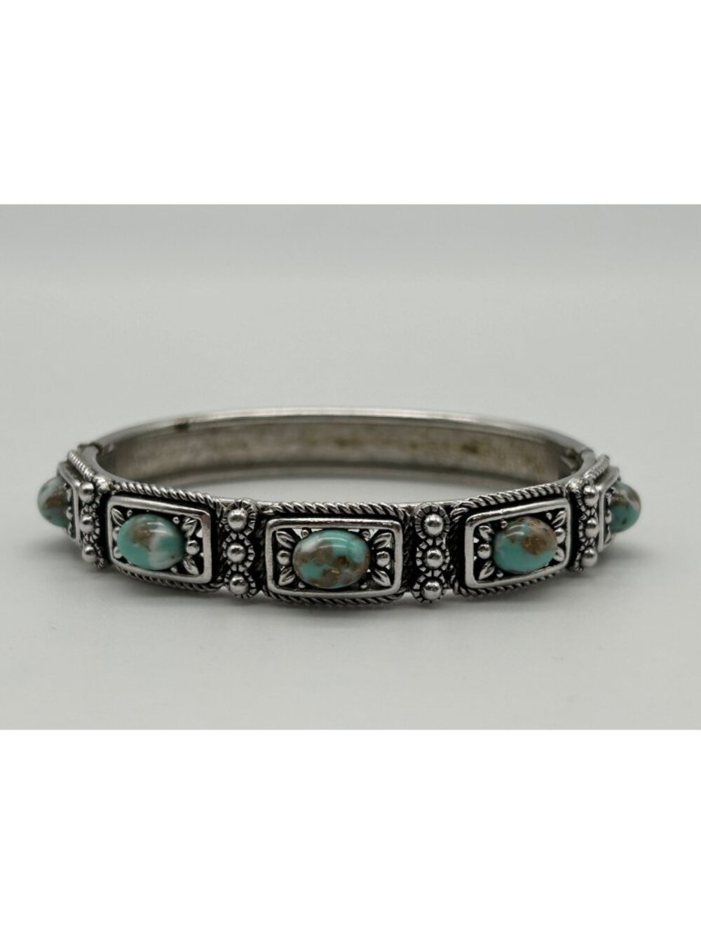 SHP Faux Turquoise Panel Link Bracelet Southwestern Silver-tone Costume Jewelry - Picture 6 of 13